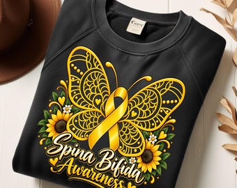 Spina Bifida Awareness PNG, Yellow Ribbon Butterfly Design, Sunflower Sublimation