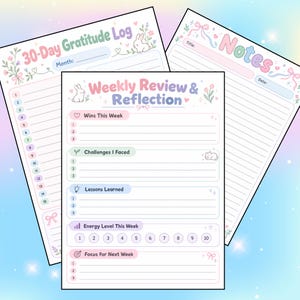 Kawaii Style Planner Bundle Printable | Weekly Review, Notes Page,  Gratitude Log | Cute Kawaii Journal Inserts PDF Instant Download