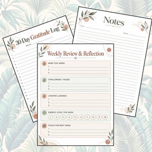 Peut inclure: Trois pages de planificateur imprimables comprenant un journal de gratitude de 30 jours, une feuille de revue et réflexion hebdomadaire et une page de notes. Chaque feuille blanche présente des illustrations botaniques douces.
