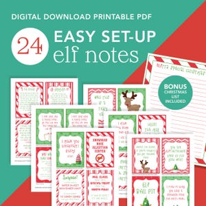 Può includere: Un set di 24 note di elfo stampabili per Natale. Le note sono su carta a righe rosse e verdi con un bordo bianco. Le note presentano varie illustrazioni e testi a tema natalizio, come "Ti ho fatto colazione! Buon appetito!" e "Pozzo di palline degli elfi".