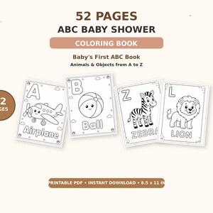 May include: A baby shower coloring book with 52 pages. The cover features the text "ABC BABY SHOWER COLORING BOOK" and "Baby's First ABC Book". Four coloring pages are visible, with illustrations of an airplane, ball, zebra, and lion.