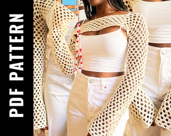 PDF File for Crochet Pattern (English and Spanish), Crochet Pattern bolero long sleeves, Bolero Shrug mesh