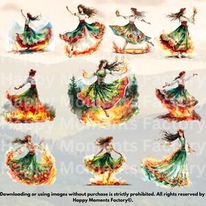 Puede incluir: Nueve ilustraciones de acuarela de mujeres con vestimenta tradicional ucraniana bailando sobre llamas. Las mujeres llevan vestidos bordados de colores y coronas de flores. Las llamas se representan en tonos de naranja, amarillo y rojo.
