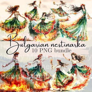 Puede incluir: Un conjunto de 10 im&aacute;genes PNG de ilustraci&oacute;n digital que representan mujeres con trajes folcl&oacute;ricos b&uacute;lgaros tradicionales, bailando sobre llamas. Las mujeres visten vestidos coloridos con motivos florales y coronas de flores en la cabeza. El fondo es una acuarela de color naranja, amarillo y rojo, que sugiere fuego.