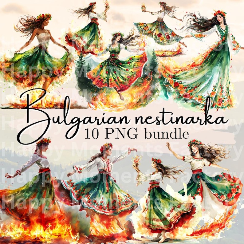 Puede incluir: Un conjunto de 10 im&aacute;genes PNG de ilustraci&oacute;n digital que representan mujeres con trajes folcl&oacute;ricos b&uacute;lgaros tradicionales, bailando sobre llamas. Las mujeres visten vestidos coloridos con motivos florales y coronas de flores en la cabeza. El fondo es una acuarela de color naranja, amarillo y rojo, que sugiere fuego.