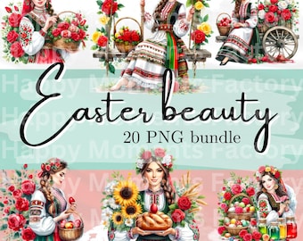 Può includere: Un set di 20 illustrazioni digitali a tema pasquale che raffigurano donne in abiti tradizionali ucraini con accenti floreali, cesti di uova e fiori primaverili. Il testo "Easter beauty 20 PNG bundle" è incluso nell'immagine.