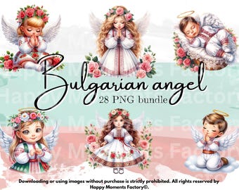 Può includere: Un set di 28 illustrazioni digitali di angeli bulgari. Gli angeli sono raffigurati in varie pose, tra cui pregare, dormire e tenere fiori. Le illustrazioni sono in stile acquerello e presentano colori vivaci, come il rosa, il blu e il giallo.