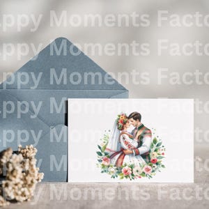 May include: A white card with a watercolor illustration of a bride and groom in traditional Ukrainian clothing. The couple is embracing and surrounded by flowers. The card is sitting on top of a blue envelope.