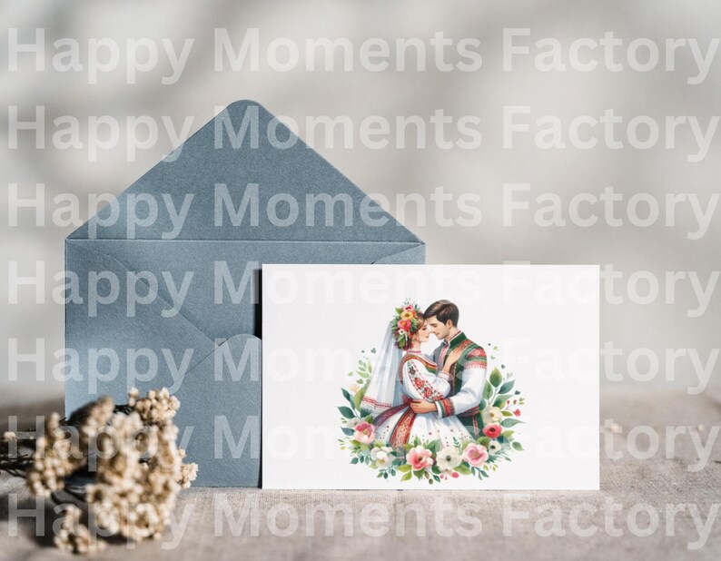 May include: A white card with a watercolor illustration of a bride and groom in traditional Ukrainian clothing. The couple is embracing and surrounded by flowers. The card is sitting on top of a blue envelope.