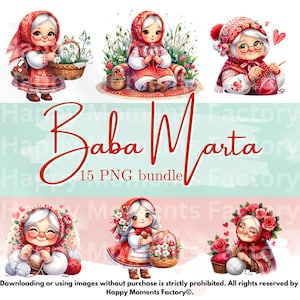 Baba Marta,Spring,white and red,Bulgarian folklore,Bulgaria,Grandmother knitting,March,Bulgarian watercolor clipart,bundle,PNG,etnic clipart