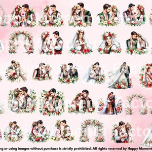 May include: A digital collage sheet with 36 watercolor illustrations of couples in traditional Ukrainian wedding attire. The illustrations feature various poses and floral arrangements.