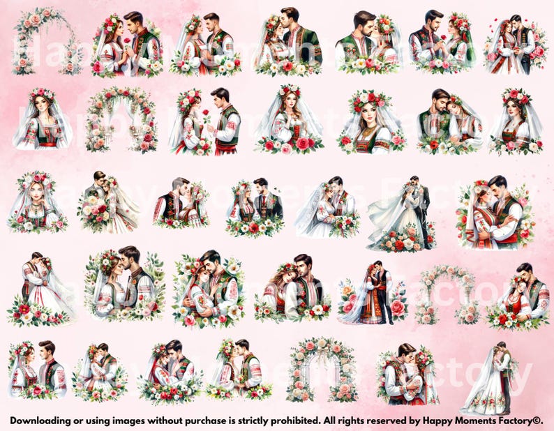 May include: A digital collage sheet with 36 watercolor illustrations of couples in traditional Ukrainian wedding attire. The illustrations feature various poses and floral arrangements.