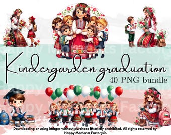 Può includere: Un set di 40 illustrazioni digitali che mostrano bambini in abiti tradizionali ucraini che celebrano la laurea dalla scuola materna. Le illustrazioni includono bambini che tengono fiori, palloncini e diplomi. Il testo "Kindergarden graduation 40 PNG bundle" è incluso nell'immagine.