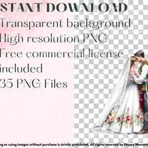 May include: A watercolor illustration of a bride and groom in traditional wedding attire. The bride is wearing a white dress with floral embroidery and a long veil. The groom is wearing a black suit with a white shirt and a red vest. The couple is embracing and smiling. The background is a transparent checkered pattern.