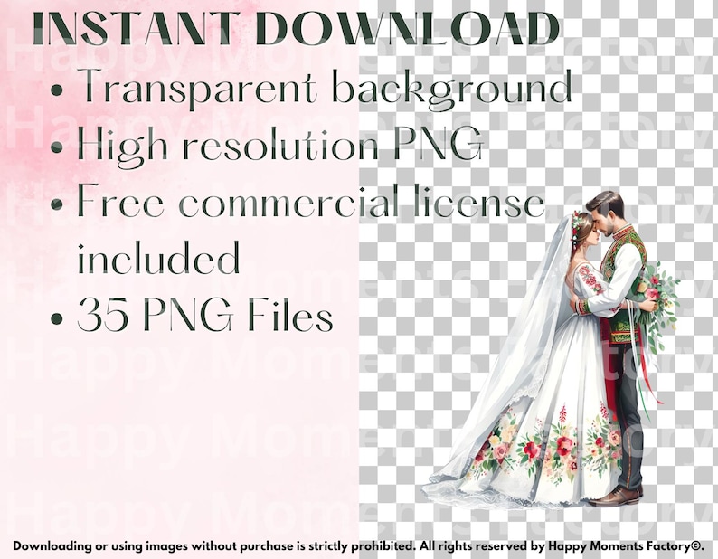 May include: A watercolor illustration of a bride and groom in traditional wedding attire. The bride is wearing a white dress with floral embroidery and a long veil. The groom is wearing a black suit with a white shirt and a red vest. The couple is embracing and smiling. The background is a transparent checkered pattern.