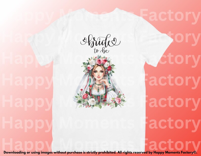 May include: White t-shirt with the text "bride to be" in black script. A watercolor illustration of a woman wearing a white veil and floral crown is centered on the shirt.