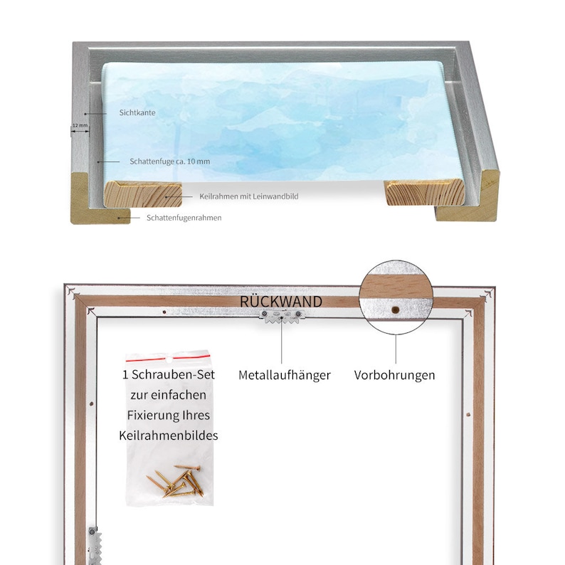 May include: A wooden picture frame with a light blue canvas insert. The frame has a silver metal lip and a shadow gap. The back of the frame shows a metal hanging hook, pre-drilled holes, and a screw set for hanging.