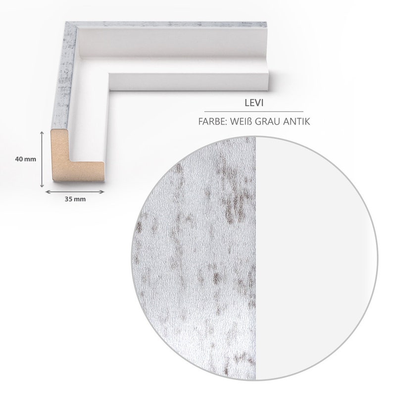 May include: White picture frame with a white and gray distressed finish. The frame is 40 mm tall and 35 mm wide. The text on the frame reads "Levi Farbe: WEIB GRAU ANTIK".