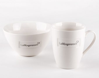 Müslischale Tasse Lieblingsmensch Porzellan Grau Weiß Schale Schüssel Teetasse Kaffeetasse Creme Weiß Grau