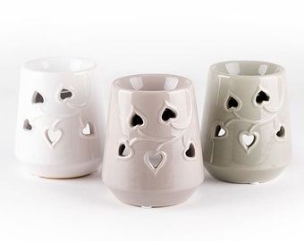 Duftlampe "Kim" mit Herz Aromalampe Raumduft Duft Lampe Kerze Herzmuster Keramik Grau Beige Weiß Lufterfrischer
