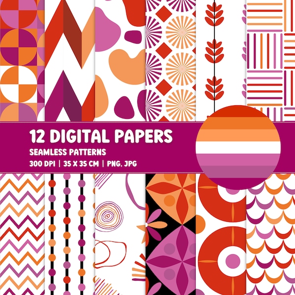 Lesbian Pride Digital Paper Pack: 12 Vibrant Patterns, 35cm, 300 DPI, Celebrating Lesbian Identity