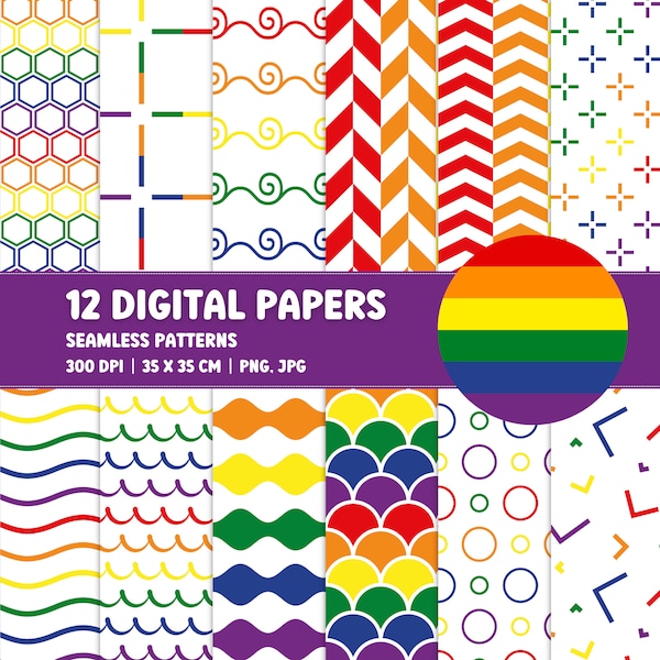 Pride Flag Digital Paper Pack: 12 Rainbow Patterns, 35cm, 300 DPI, Celebrating LGBTQ+ Diversity