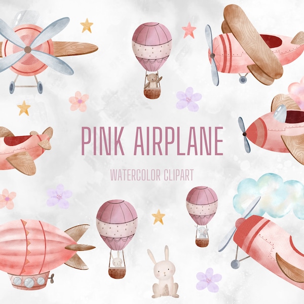 Air transport clipart,airplane clip art,nursery decor,baby girl wall art,helicopter,Watercolor hot air balloons clipart,baby girl wall decor