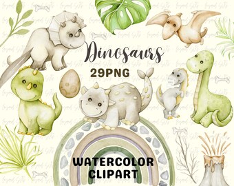 Watercolor Dinosaur Clipart Collection - Nursery Clipart, Dinosaur Birthday Party Decor, Stickers, Baby Shower, PNG, Baby Boy Nursery Decor