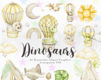 Watercolor Dinosaurs Clipart, Dino theme baby party printables, Cute Dinosaur Clip Art, Dino Party, Dino birthday party decor boy, T-Rex