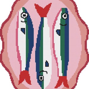 May include: Three cartoon fish with red, white, blue and green stripes are arranged vertically inside a pink oval frame.