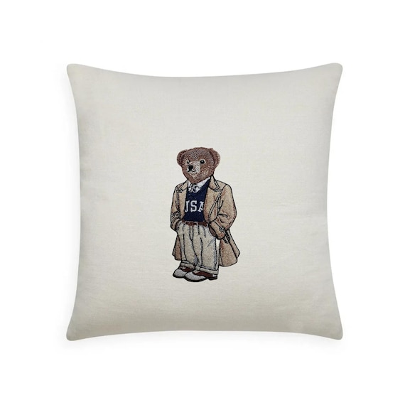 Preppy USA Bear Embroidered Pillow Vintage Americana Decor | Classic Polo-Style Bear | Neutral Nursery & Home Decor