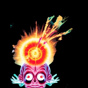 May include: A pink and white skull with large eyes and a bright red and orange explosion above its head.