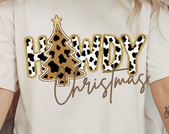 Howdy Christmas PNG, Western Cow Print Tree , Country Shirt Design, Retro Holiday Sublimation PNG