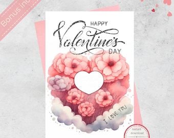 Happy Valentine’s Day Floral Heart Printable Greeting Card, Digital Download