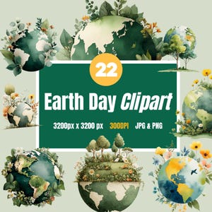 Conjunto de imágenes prediseñadas de acuarela del Día de la Tierra, 22 elementos ecológicos PNG JPG, arte para salvar el planeta, descarga de naturaleza verde, imágenes prediseñadas de conciencia ecológica
