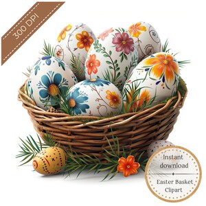 Könnte beinhalten: Ein Weidenkorb gefüllt mit bunten Ostereiern, die mit Blumenmustern verziert sind. Die Eier sind kreisförmig angeordnet, umgeben von grünem Laub. Der Korb steht auf weißem Hintergrund. Sofortiger Download Ostereierkorb Clipart.