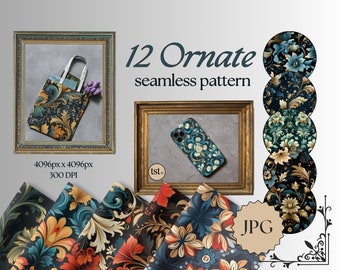 May include: Twelve ornate seamless patterns in a variety of colors, including gold, blue, and green. The patterns feature intricate floral designs and are perfect for use in a variety of projects, such as scrapbooking, card making, and home decor.