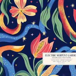 May include: A seamless digital pattern titled ELECTRIC SERPENT GARDEN featuring stylized red and yellow flowers, winding orange and yellow snake-like forms, and blue ribbons against a dark navy background with small yellow stars and sparkles.