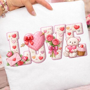 LOVE Quilted Letters PNG, Coquette Valentine Teddy Bear Watercolor, Fuzzy Textured Valentine Sublimation, Y2K Valentine, Digital Download