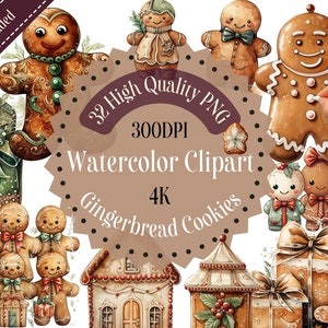 Watercolor Gingerbread Clipart, Gingerbread Cookies, Gingerbread PNG, Gingerbread Man, Gingerbread, 32 High-Resolution PNG, Transparent bg