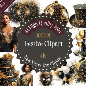 Clipart di Capodanno, Festivo, Matrimonio, Compleanno, Clipart inviti digitali, 44 PNG 300DPI, Nero e oro, Clipart di lusso, Scrapbook