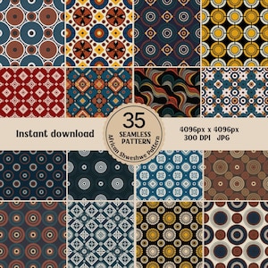 May include: A selection of 35 seamless African Shweshwe patterns with geometric designs. The patterns use circles, squares, and other shapes in colours such as blue, red, yellow, and brown. The image includes the text "Instant download".