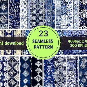 May include: A set of 23 digital seamless patterns in blue and white. The patterns feature a variety of geometric and floral designs. The patterns are 4096 pixels by 4096 pixels and 300 DPI.