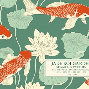 May include: A seamless digital pattern featuring orange and white koi fish swimming among pale green lotus leaves and white lotus flowers on a dark green background. A rectangular box contains the text JADE KOI GARDEN SEAMLESS PATTERN.