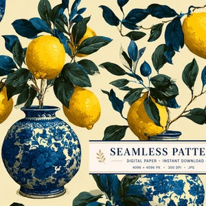 Può includere: Un motivo continuo con limoni giallo brillante e foglie blu scuro, disposti con vasi floreali blu e bianchi su sfondo crema. Un riquadro di testo riporta: SEAMLESS PATTERN, DIGITAL PAPER, INSTANT DOWNLOAD, 4096 x 4096 PX, 300 DPI, JPG.