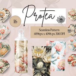 Op de afbeelding: Een set van 16 digitale naadloze patronen met aquarel illustraties van protea bloemen in verschillende kleuren en arrangementen. De patronen zijn 4096 pixels bij 4096 pixels en 300 DPI. De afbeelding toont ook een witte waterfles met een protea bloemenpatroon.