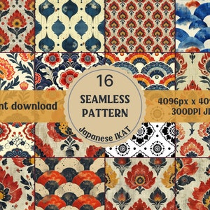 May include: A set of 16 seamless patterns featuring Japanese Ikat designs. The patterns are in a variety of colors, including red, blue, yellow, and black. The patterns are 4096 pixels by 4096 pixels and 300 DPI.