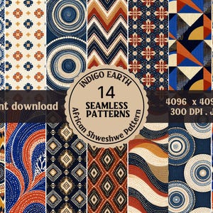Pode incluir: Uma coleção de 14 padrões digitais sem costura com designs inspirados no Shweshwe africano em índigo, laranja e creme. A imagem exibe formas geométricas, círculos concêntricos e motivos chevron com o texto INDIGO EARTH 14 SEAMLESS PATTERNS.