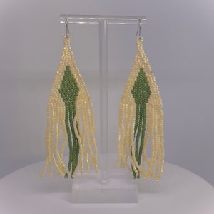 Beaded dangle earrings, green and white earrings, arrow earrings, indigenous made earrings