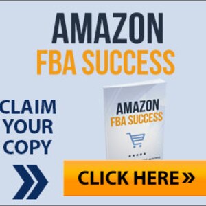 May include: A blue and white graphic with the text "AMAZON FBA SUCCESS" in large white letters. The text "CLAIM YOUR COPY" is in smaller white letters. A button with the text "CLICK HERE >>" is in the lower right corner.